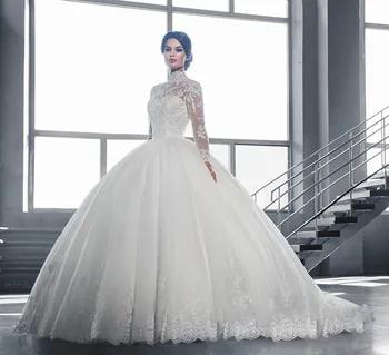 Vestidos 2019 Epocă de Înaltă Gât Dantelă Rochie de Mireasa Mâneci Lungi Aplici Casamento Printesa Rochie de Mireasa halat de mariage